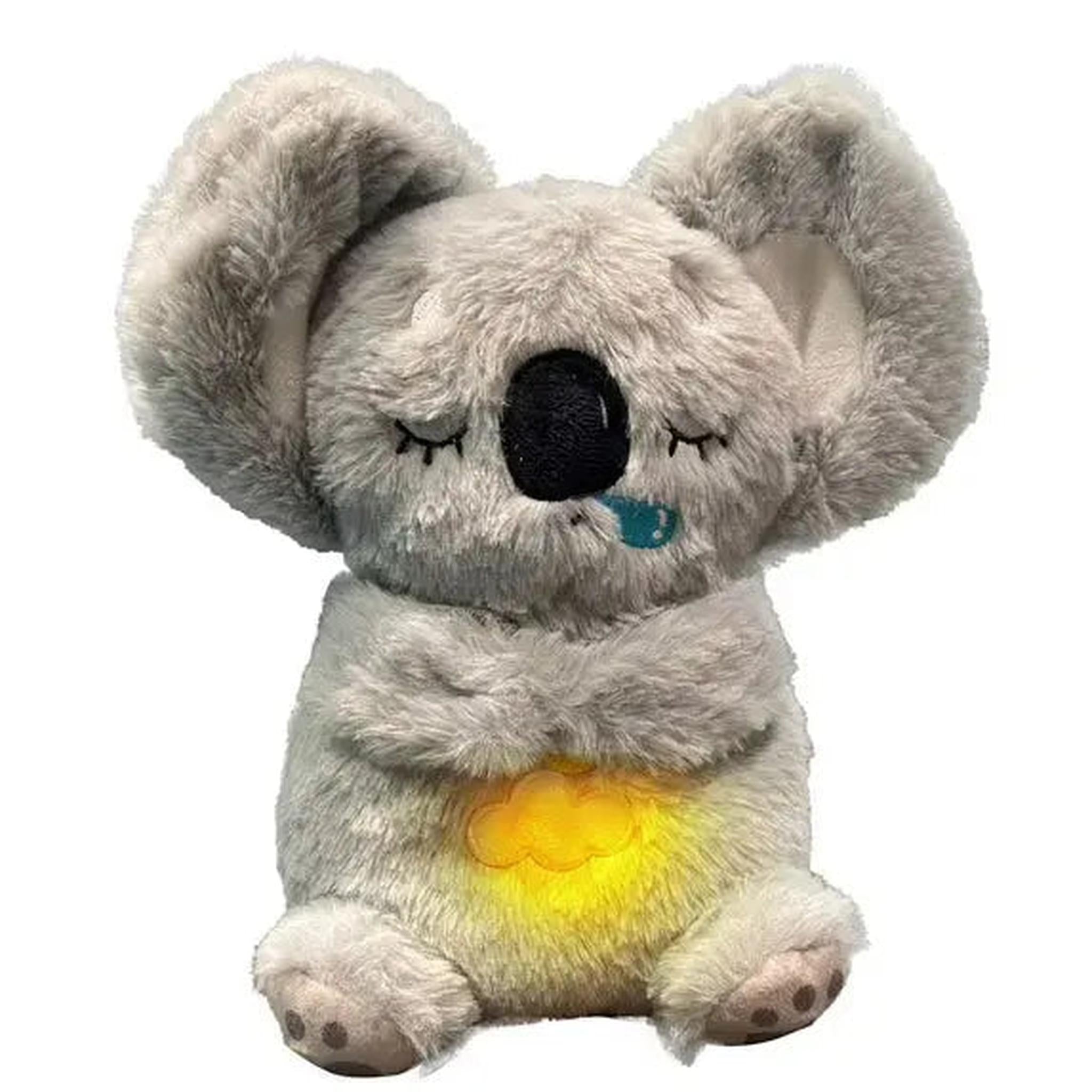 Plush grey koala toy with closed eyes and a glowing yellow belly light.