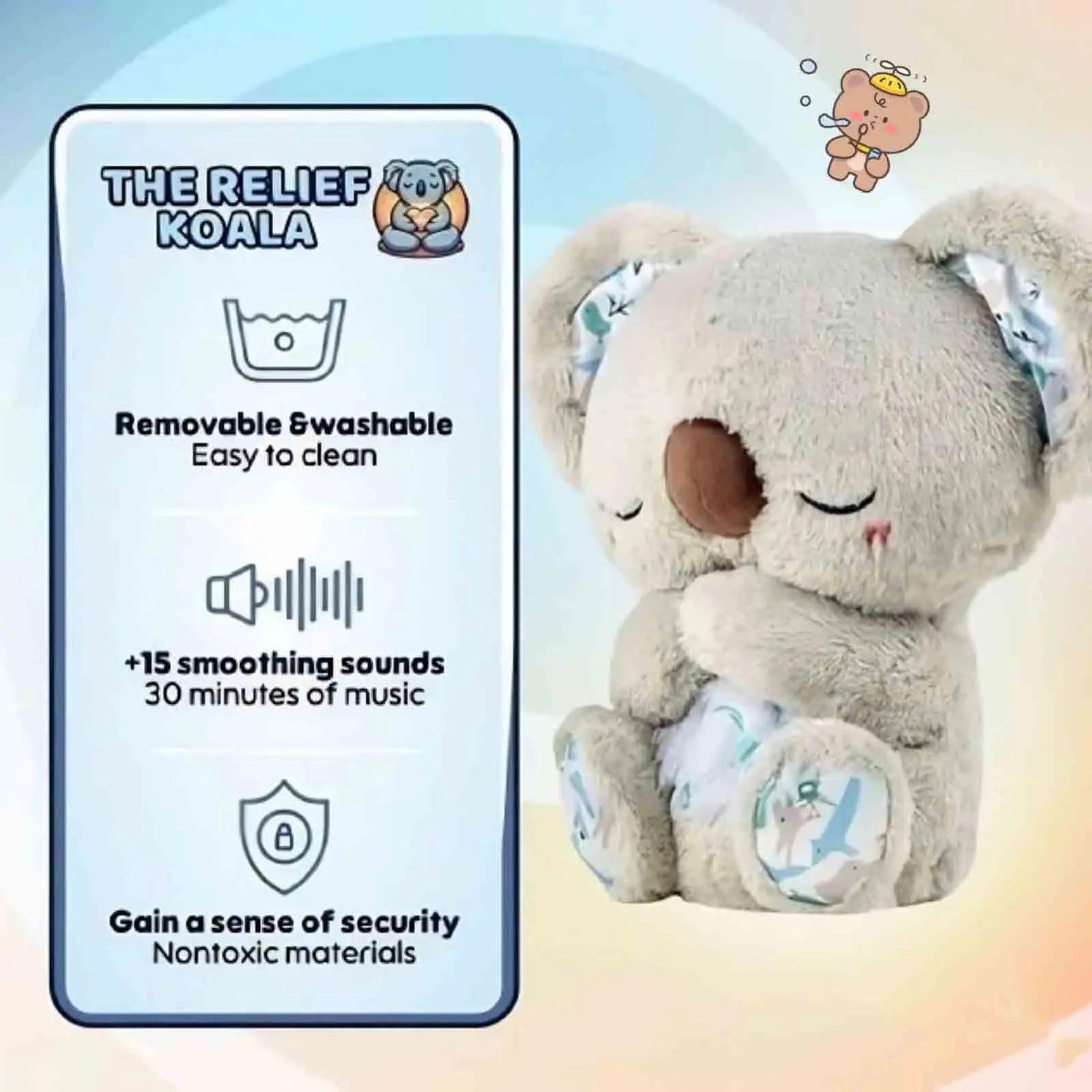 Plush grey Relief Koala toy with sleeping eyes and product feature icons.