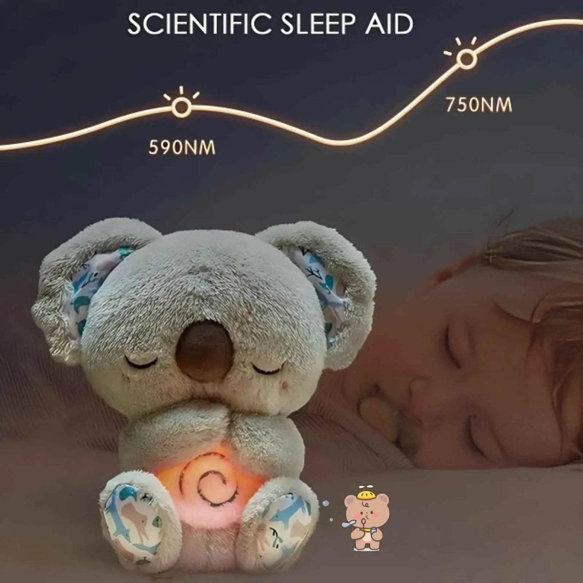 Plush grey koala sleep aid toy with a glowing belly next to a sleeping baby.