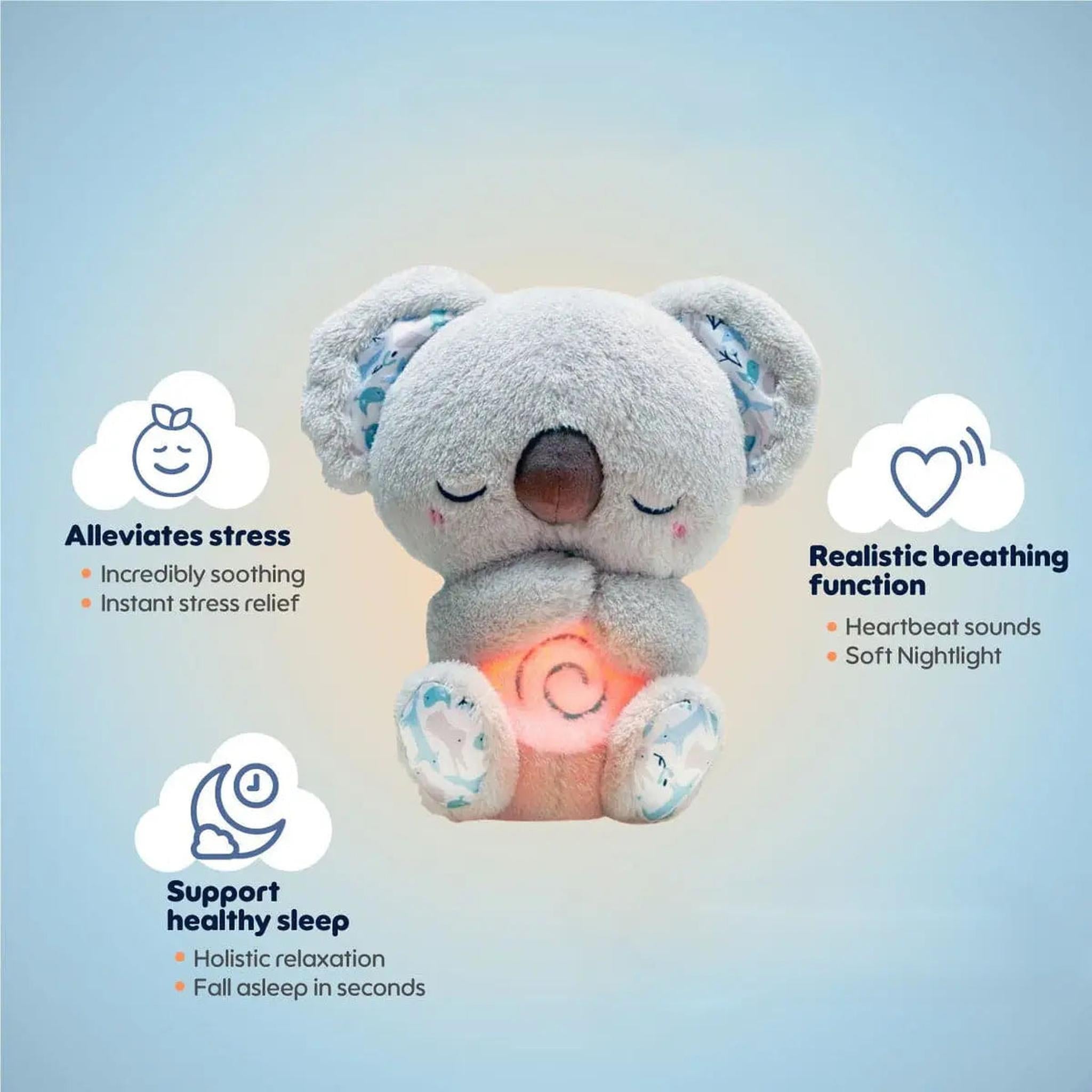 Plush grey koala toy with a glowing belly, surrounded by sleep benefit icons.