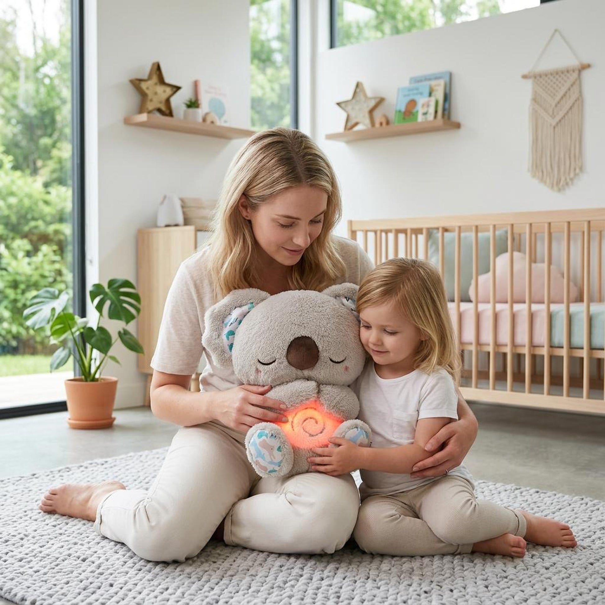 Mother and child holding a grey plush koala toy with a glowing orange belly in a nursery.