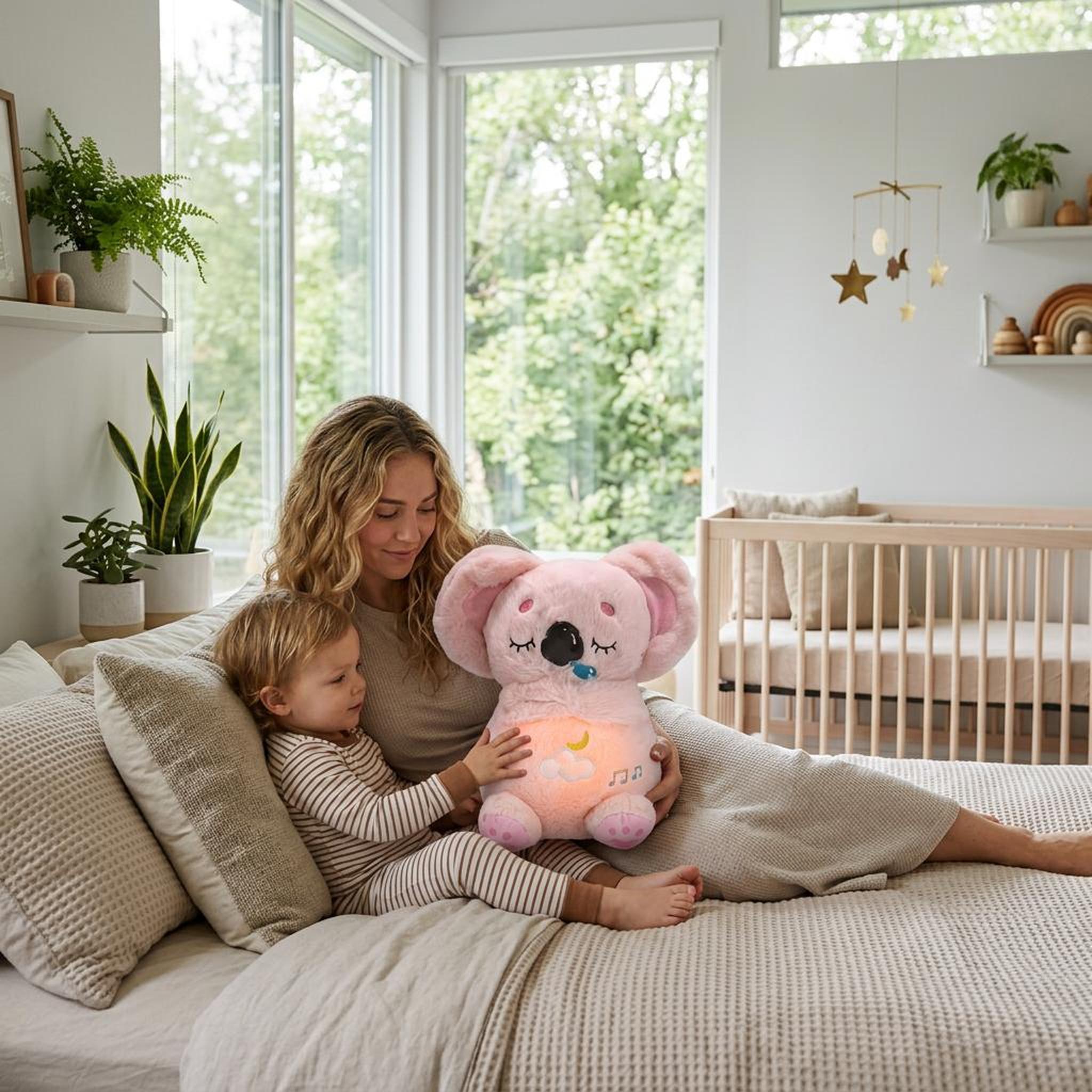 Pink plush koala toy with glowing belly held by a mother and toddler on a bed