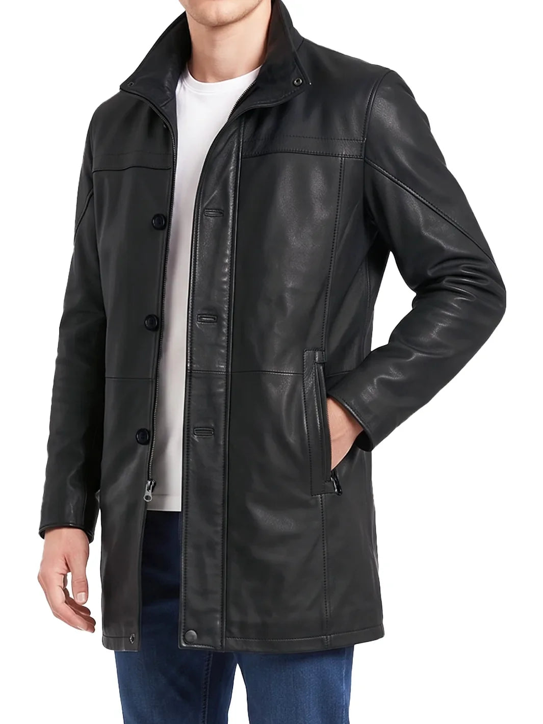 Bristol Men's Black Lambskin Overcoat with Pockets 0