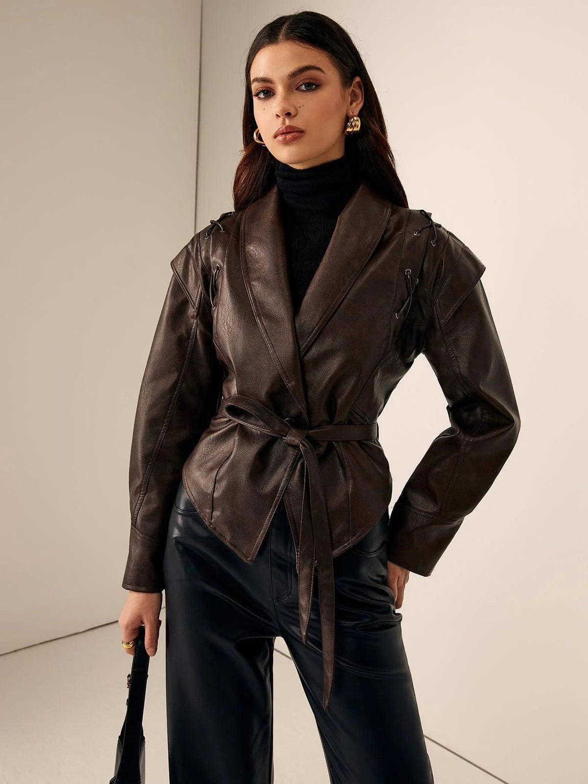 Brown Faux Leather Women's Jacket with Oversized Hood Detail 1