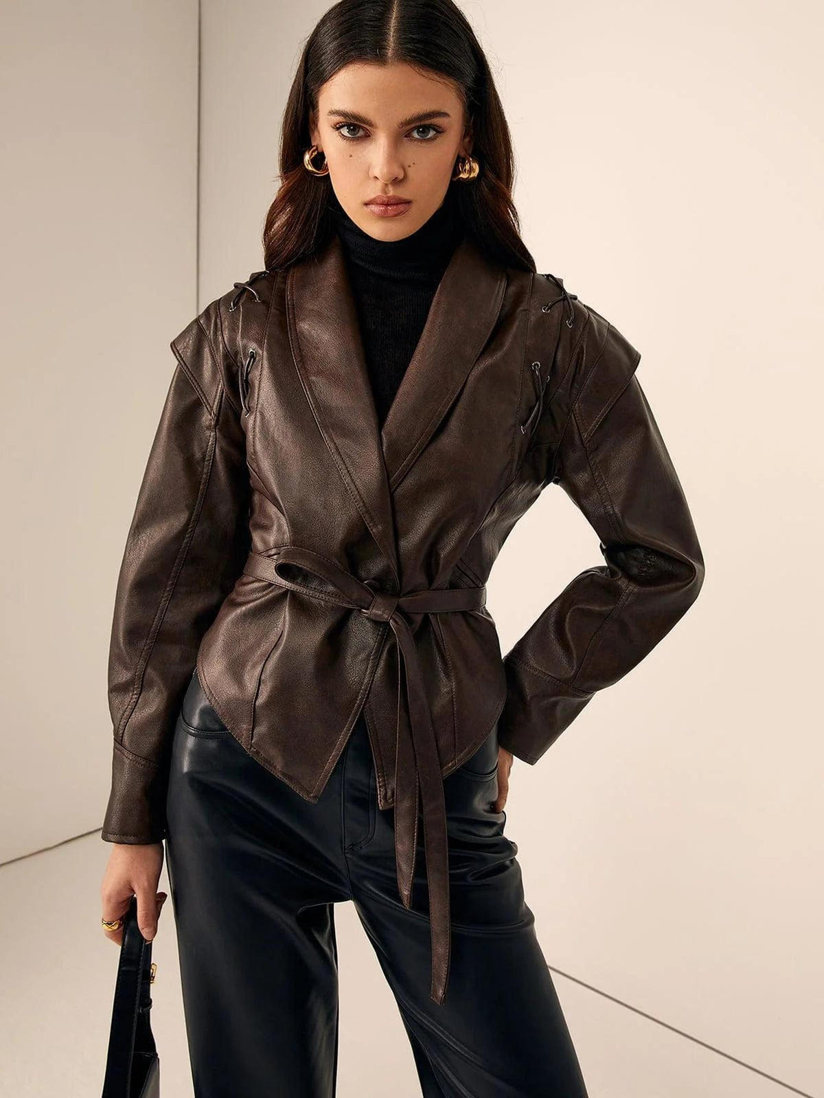 Brown Faux Leather Women's Jacket with Oversized Hood Detail 3