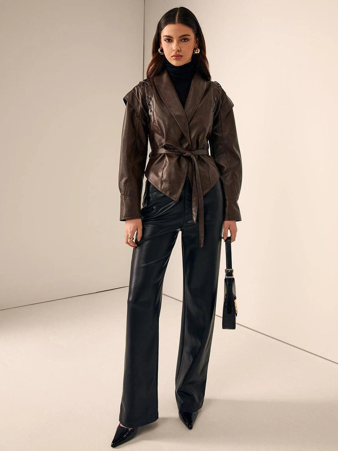 Brown Faux Leather Women's Jacket with Oversized Hood Detail 0