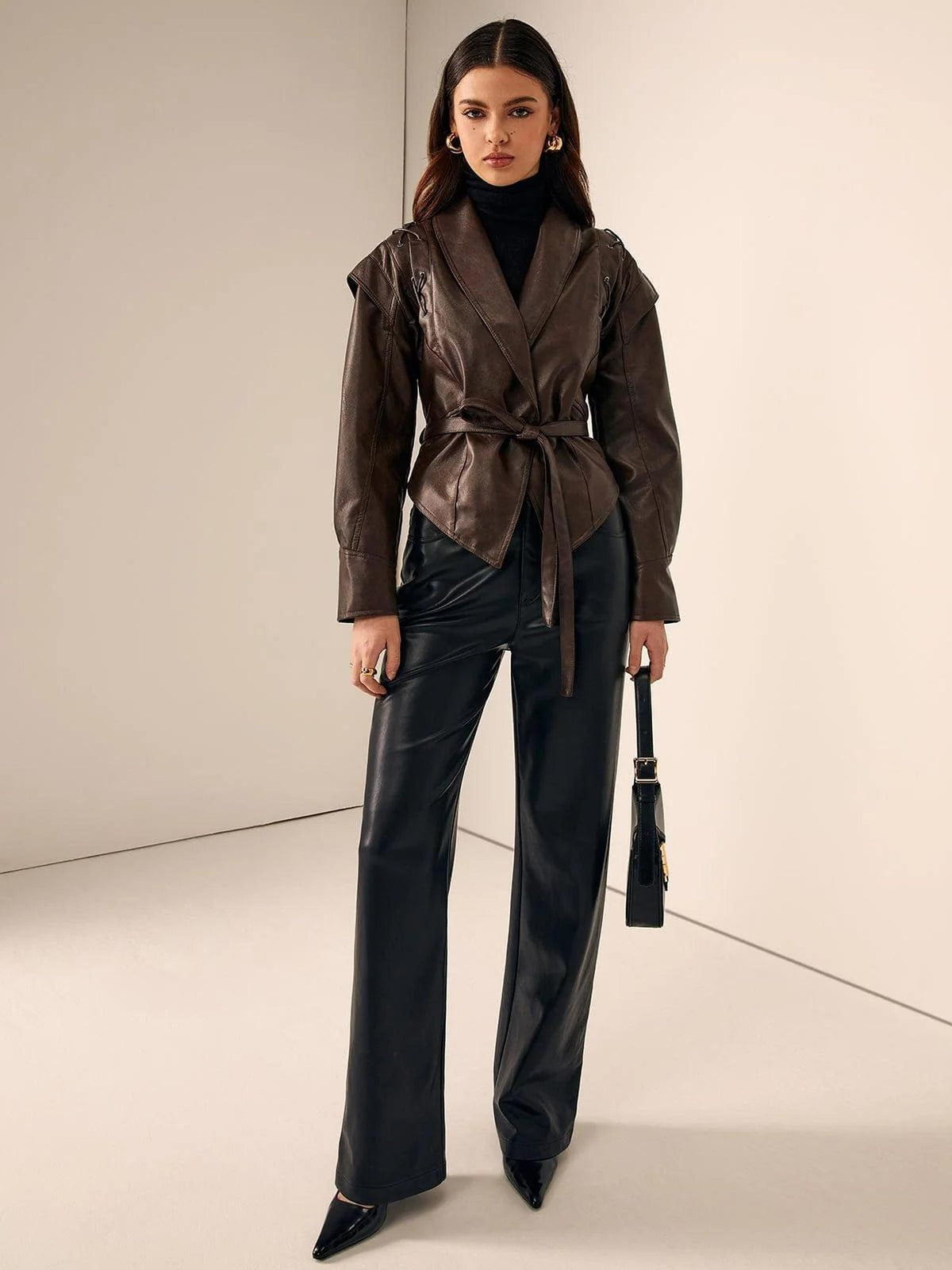 Brown Faux Leather Women's Jacket with Oversized Hood Detail 0