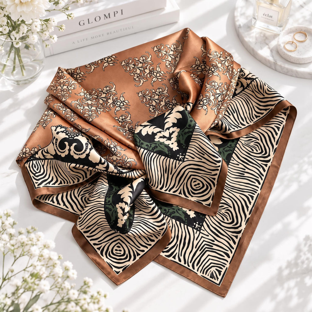 Brown Floral Silk Scarf for Women, 88x88cm Mulberry Silk Design-Scarves & Wraps-Glompi-Glompi
