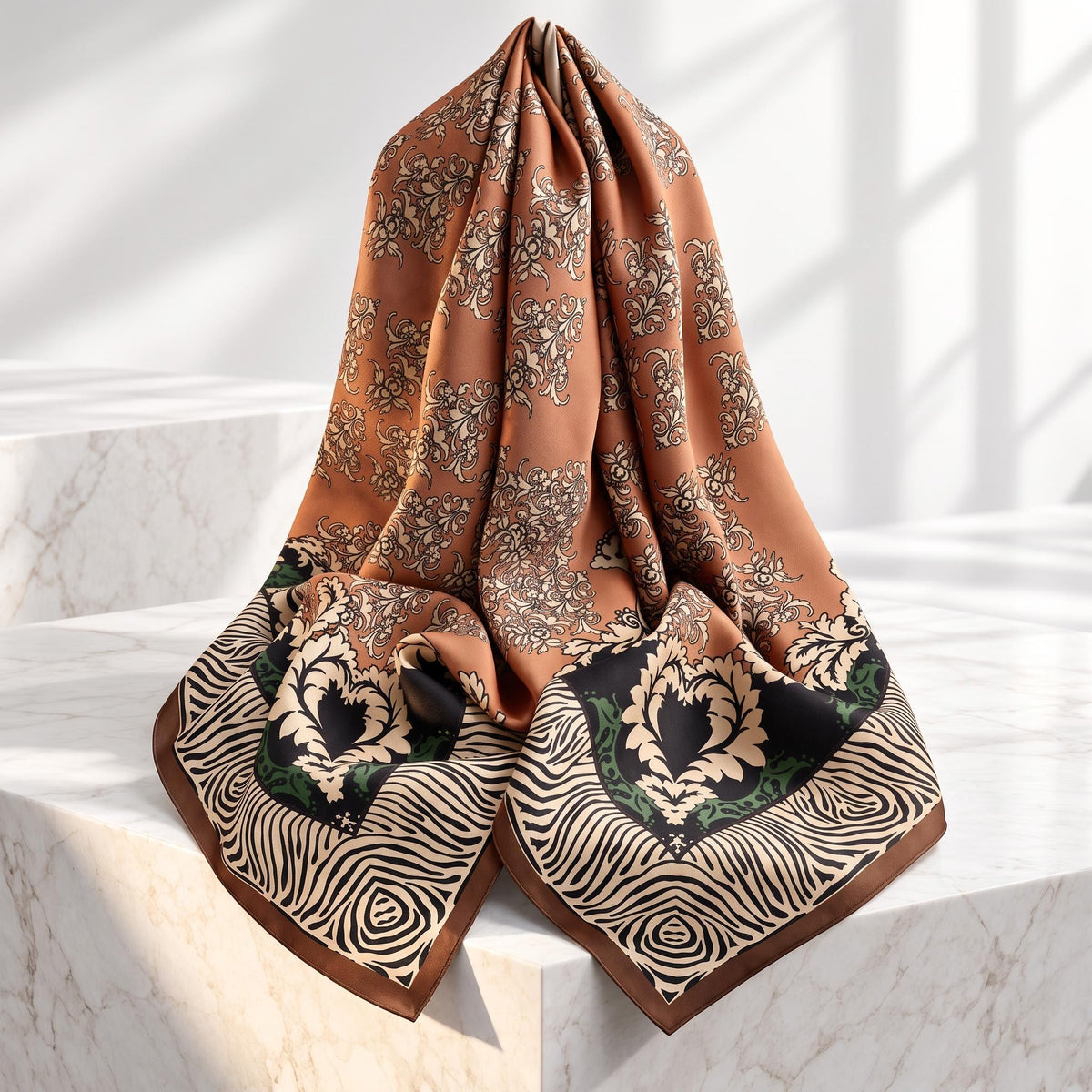 Brown Floral Silk Scarf for Women, 88x88cm Mulberry Silk Design-Scarves & Wraps-Glompi-Glompi