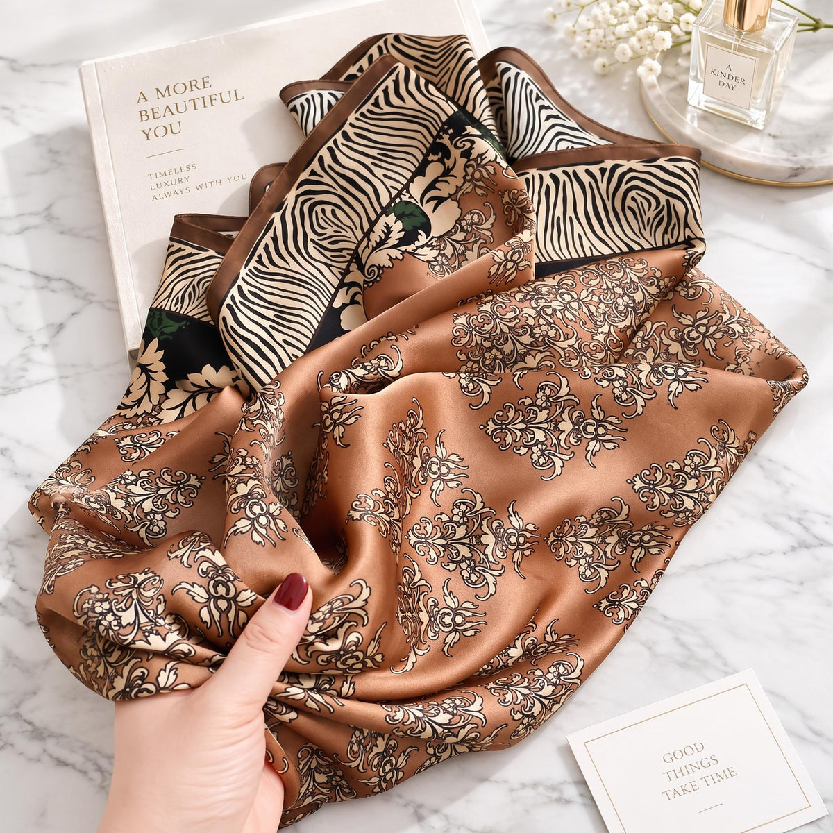 Brown Floral Silk Scarf for Women, 88x88cm Mulberry Silk Design-Scarves & Wraps-Glompi-Glompi