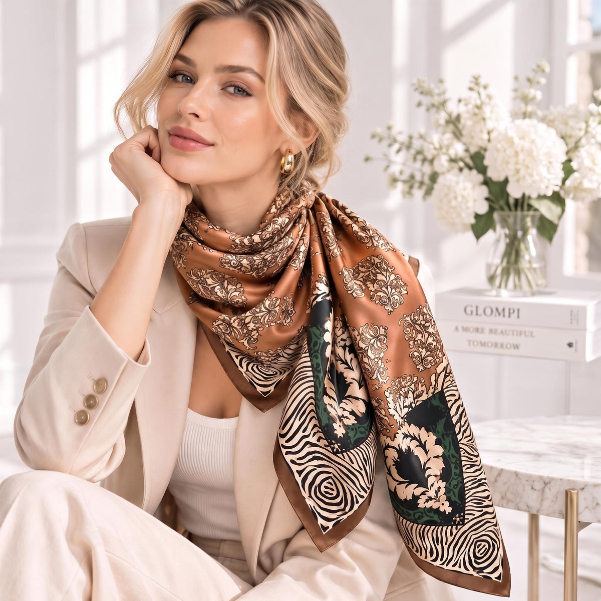 Brown Floral Silk Scarf for Women, 88x88cm Mulberry Silk Design-Scarves & Wraps-Glompi-Glompi