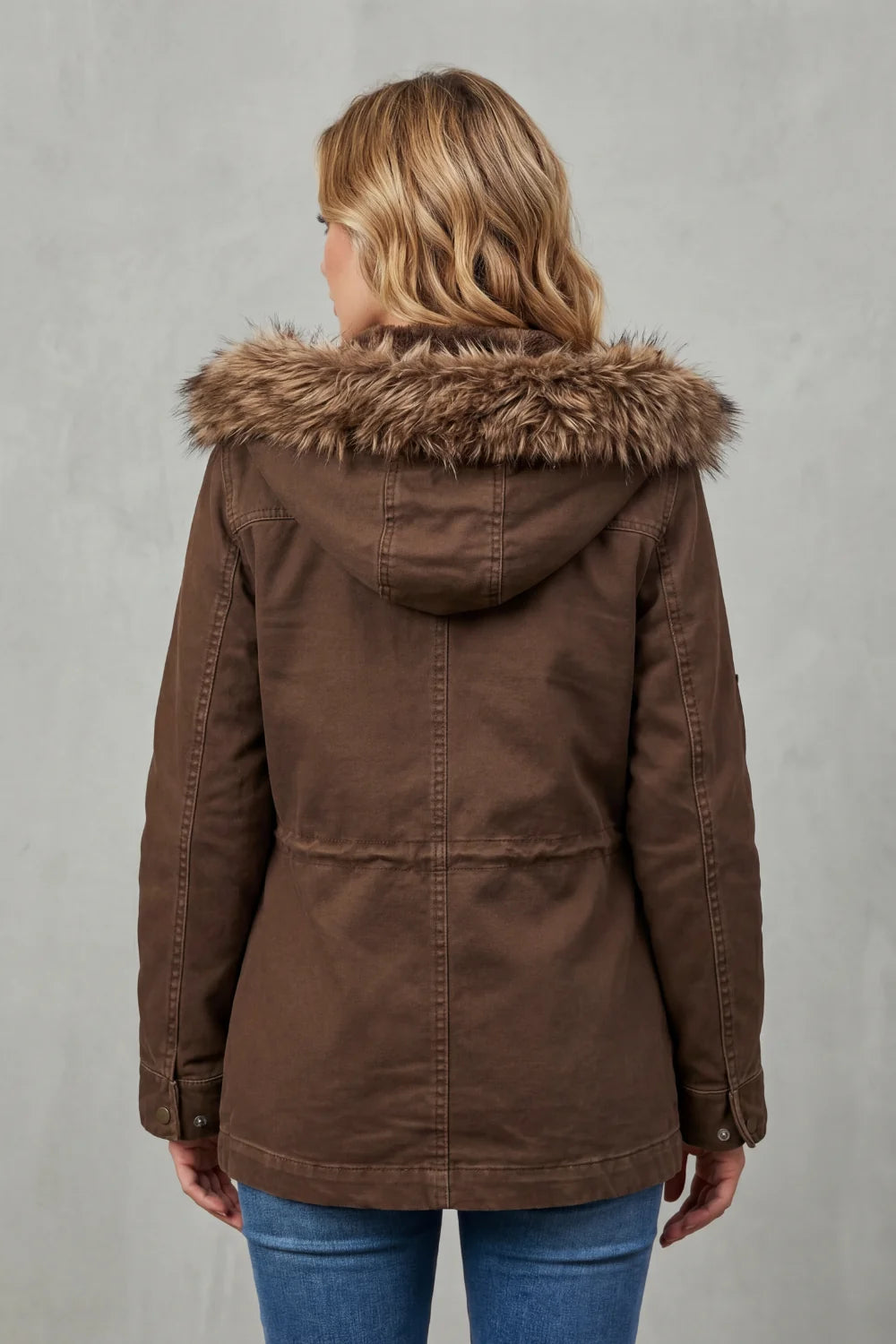 Brown Hooded Parka with Fur Trim and Flap Pockets 1