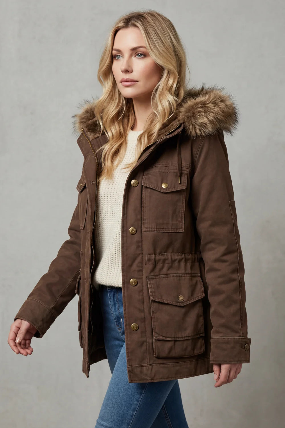Brown Hooded Parka with Fur Trim and Flap Pockets 2