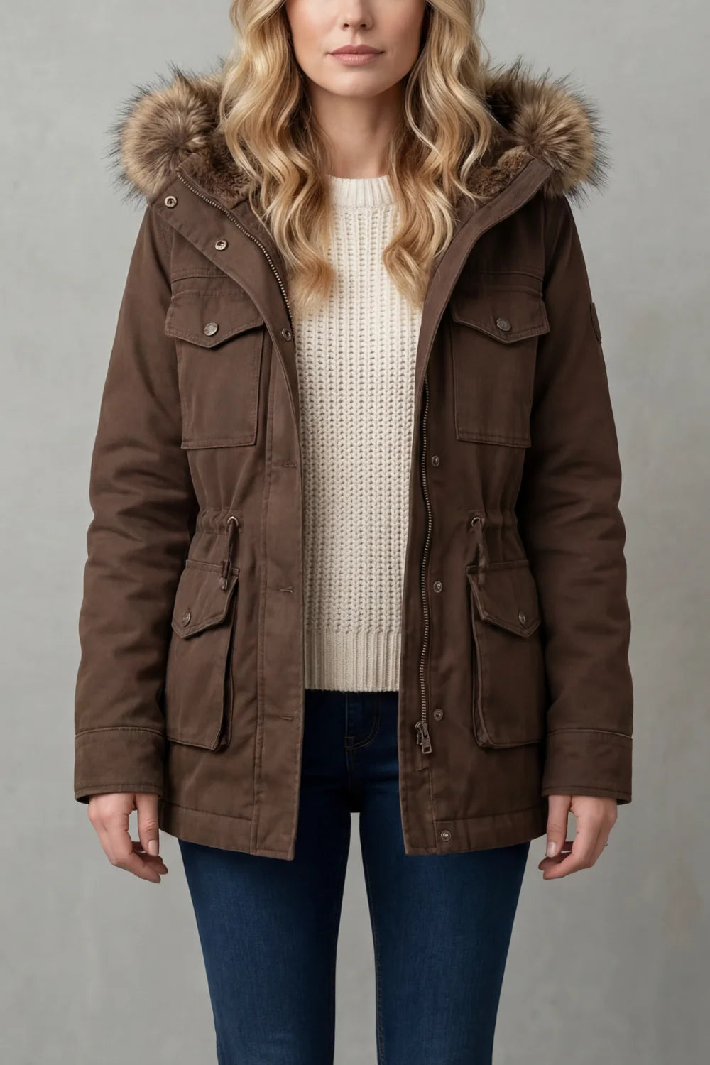Brown Hooded Parka with Fur Trim and Flap Pockets 0