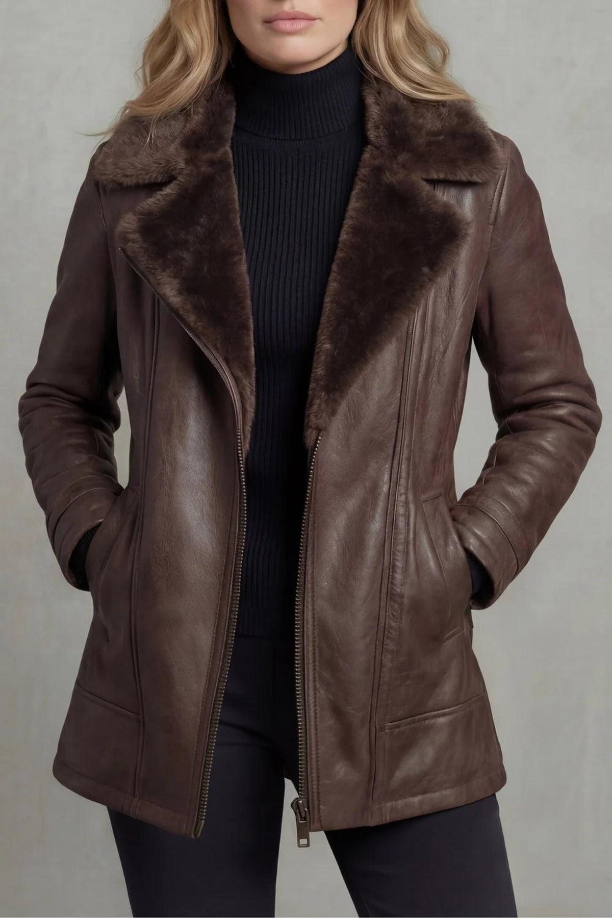 Brown Leather Jacket with Shearling Collar for Cold Weather 1