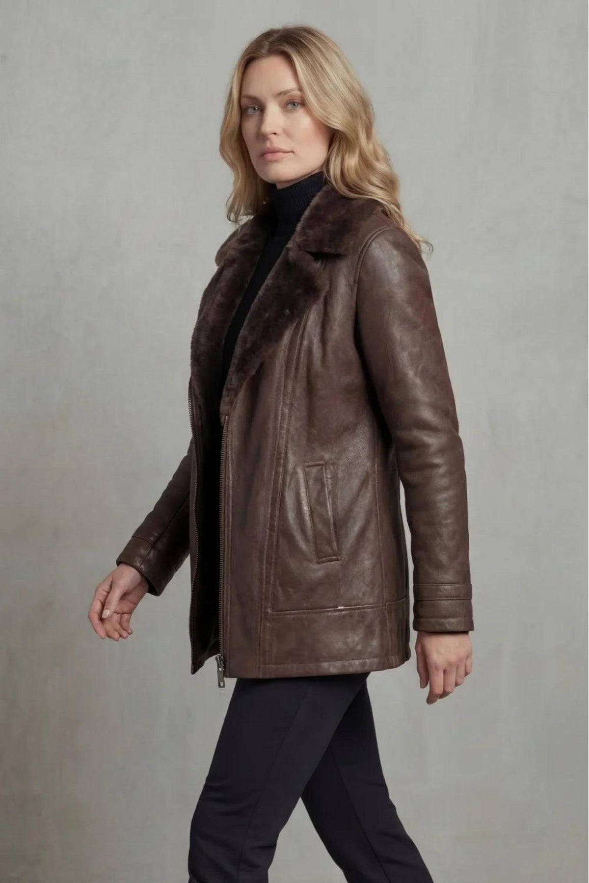 Brown Leather Jacket with Shearling Collar for Cold Weather 2