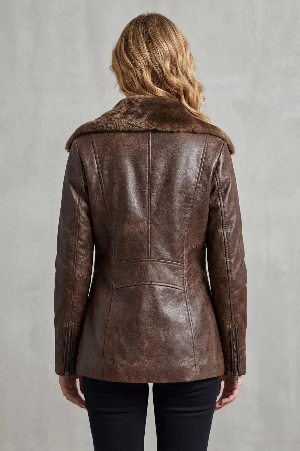 Brown Leather Jacket with Shearling Collar for Cold Weather 3