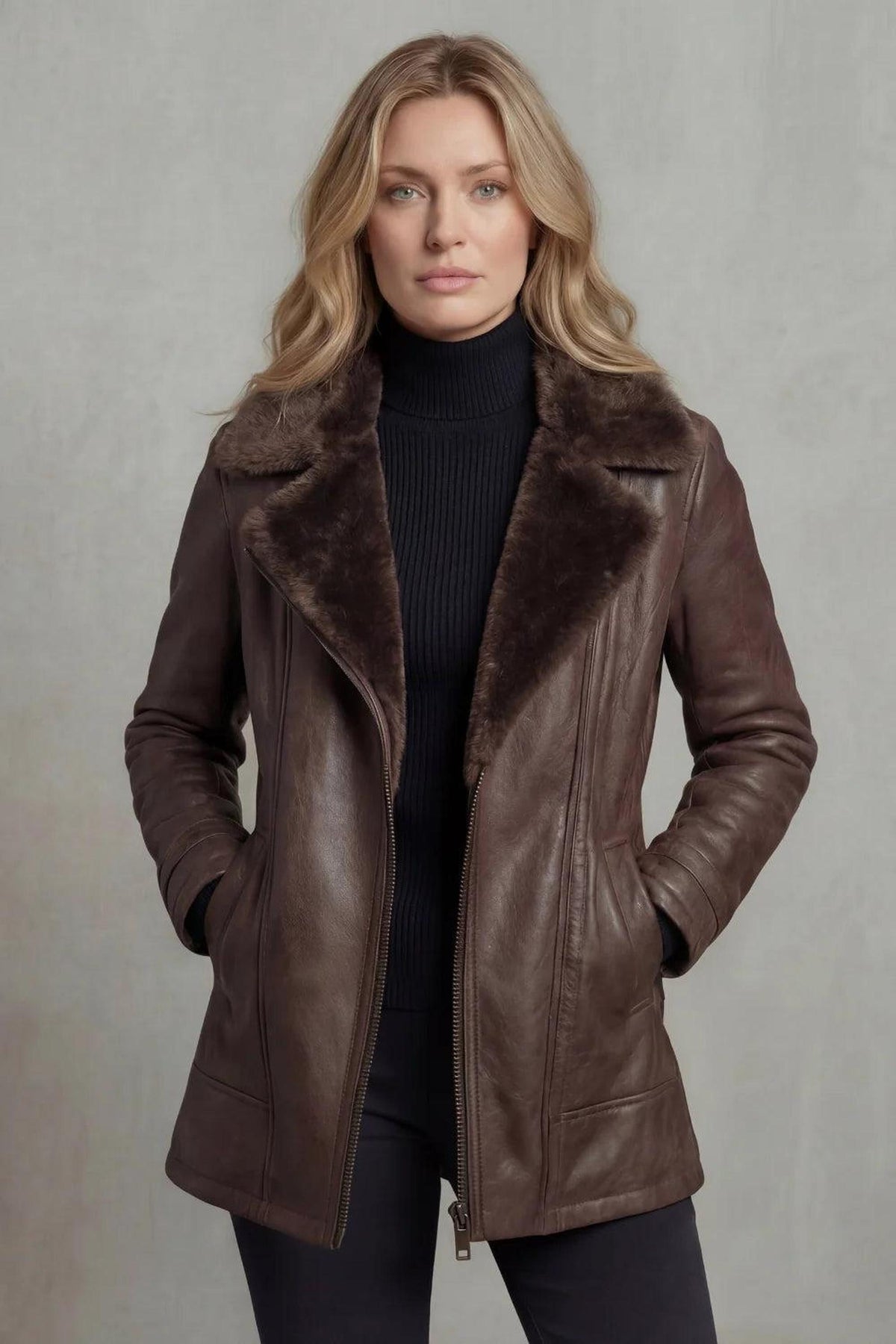Brown Leather Jacket with Shearling Collar for Cold Weather 0