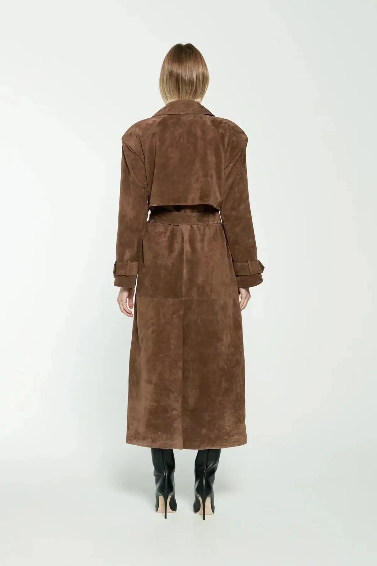 Brown Suede Double Breasted Trench Coat with Belt 1