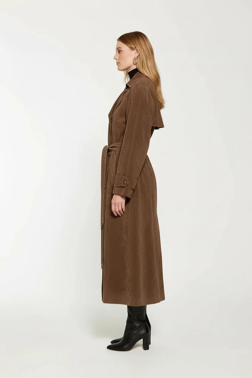 Brown Suede Double Breasted Trench Coat with Belt 2