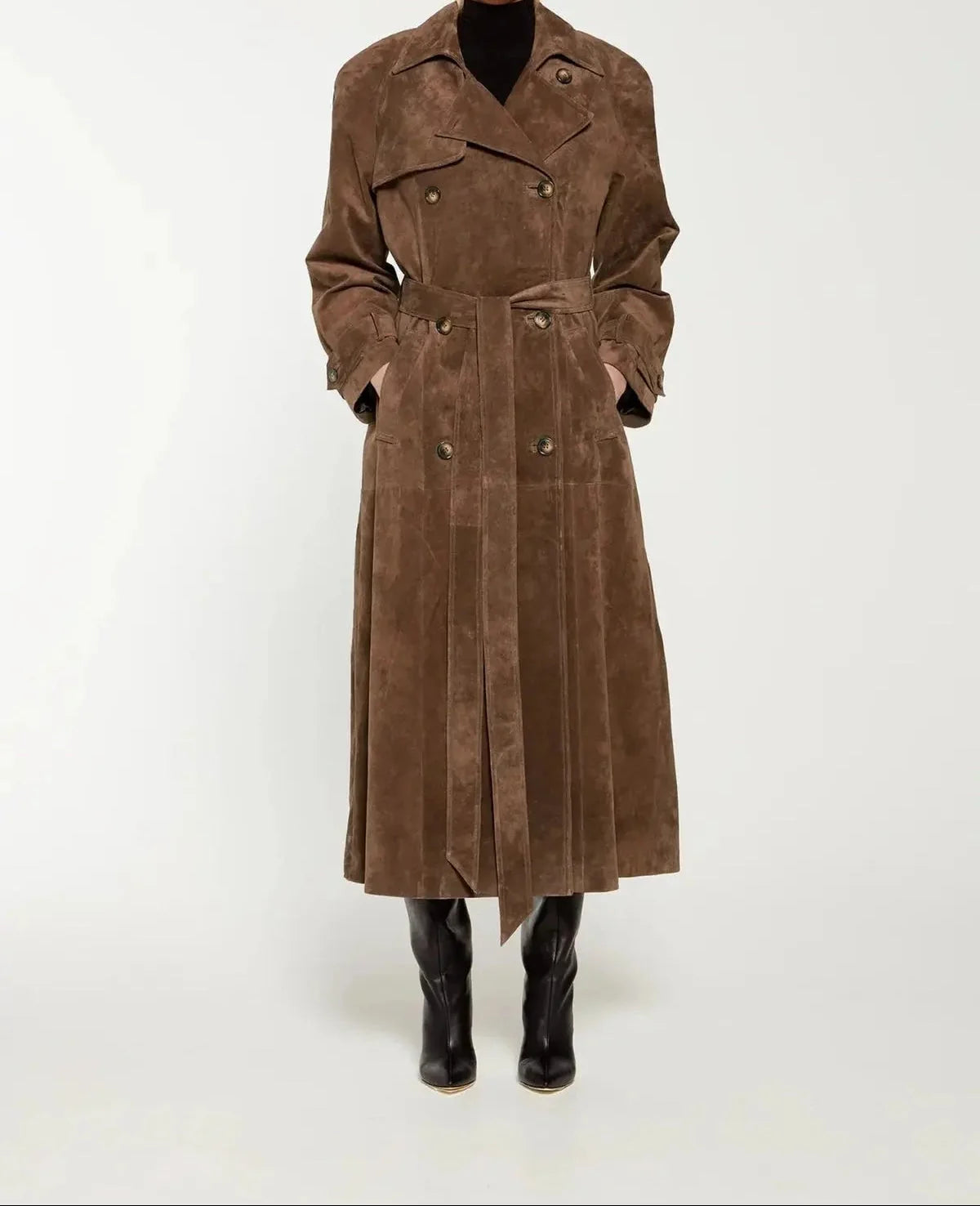 Brown Suede Double Breasted Trench Coat with Belt 0