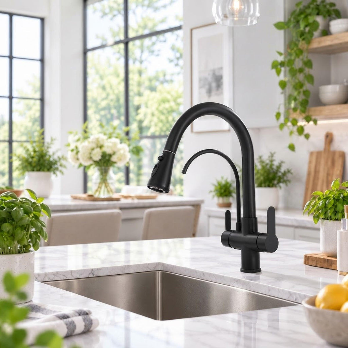 Matte black pull-down kitchen faucet with a high-arch gooseneck spout and dual spray function on a marble countertop.