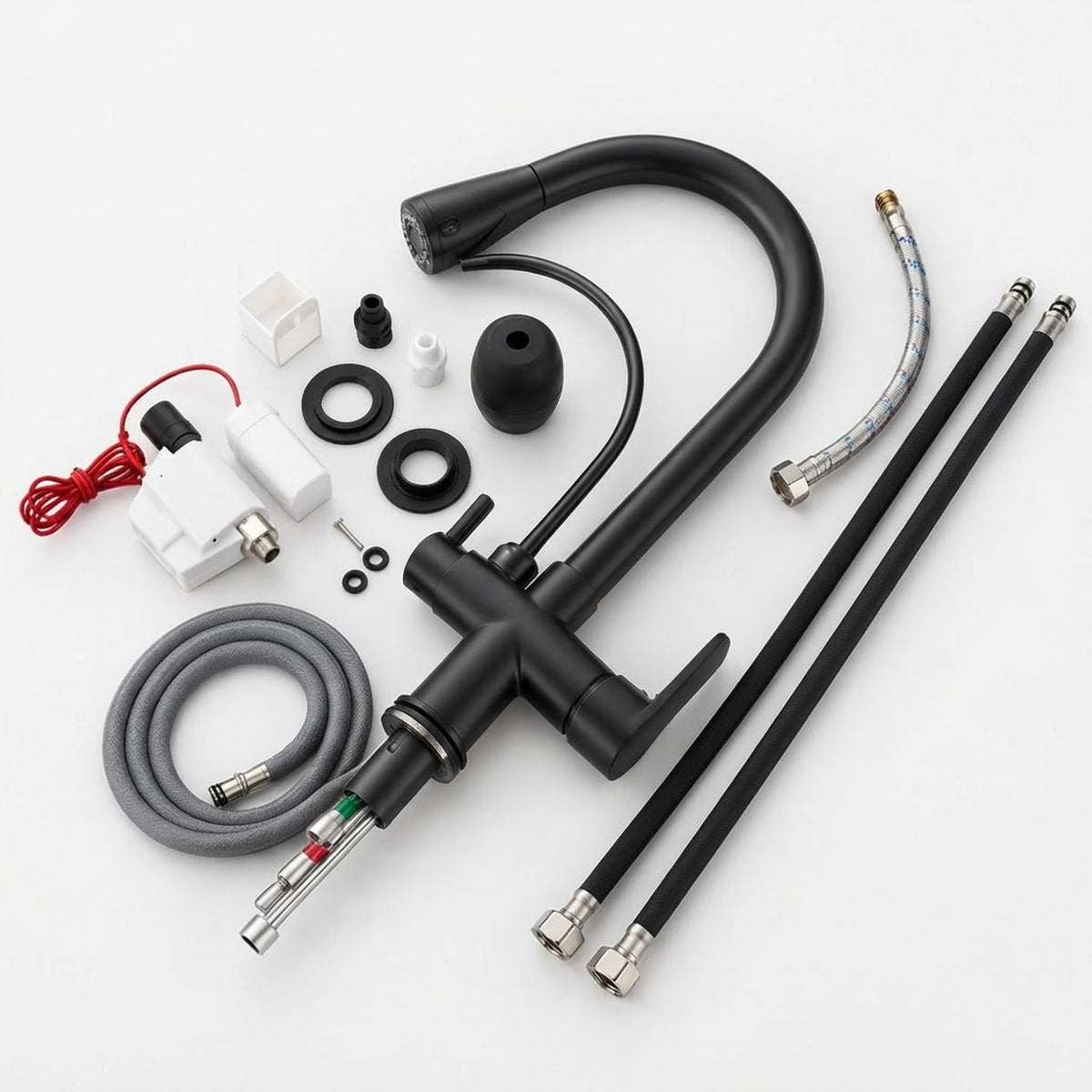 Matte black pull-down kitchen faucet kit with installation hoses, spray head, and mounting hardware on white background.