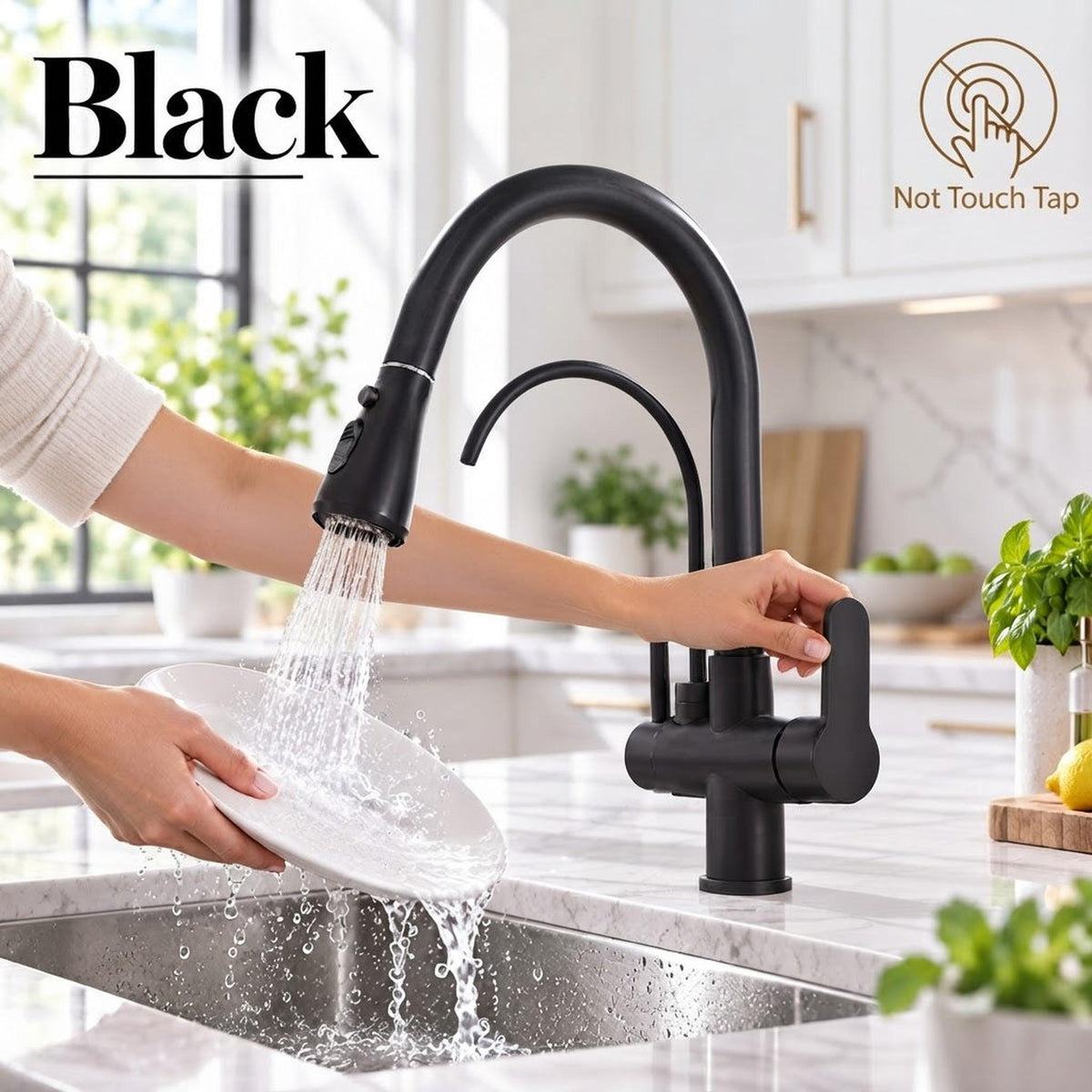 Matte black pull-down kitchen faucet with a high-arch spout and secondary water filter tap in a modern kitchen.