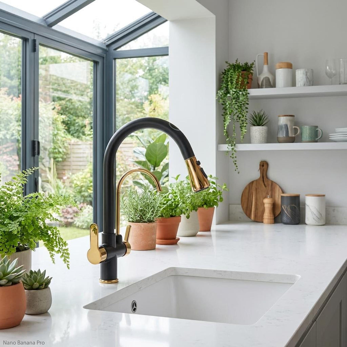 Modern matte black and gold pull-down kitchen faucet with a high-arch gooseneck spout on a white marble countertop.