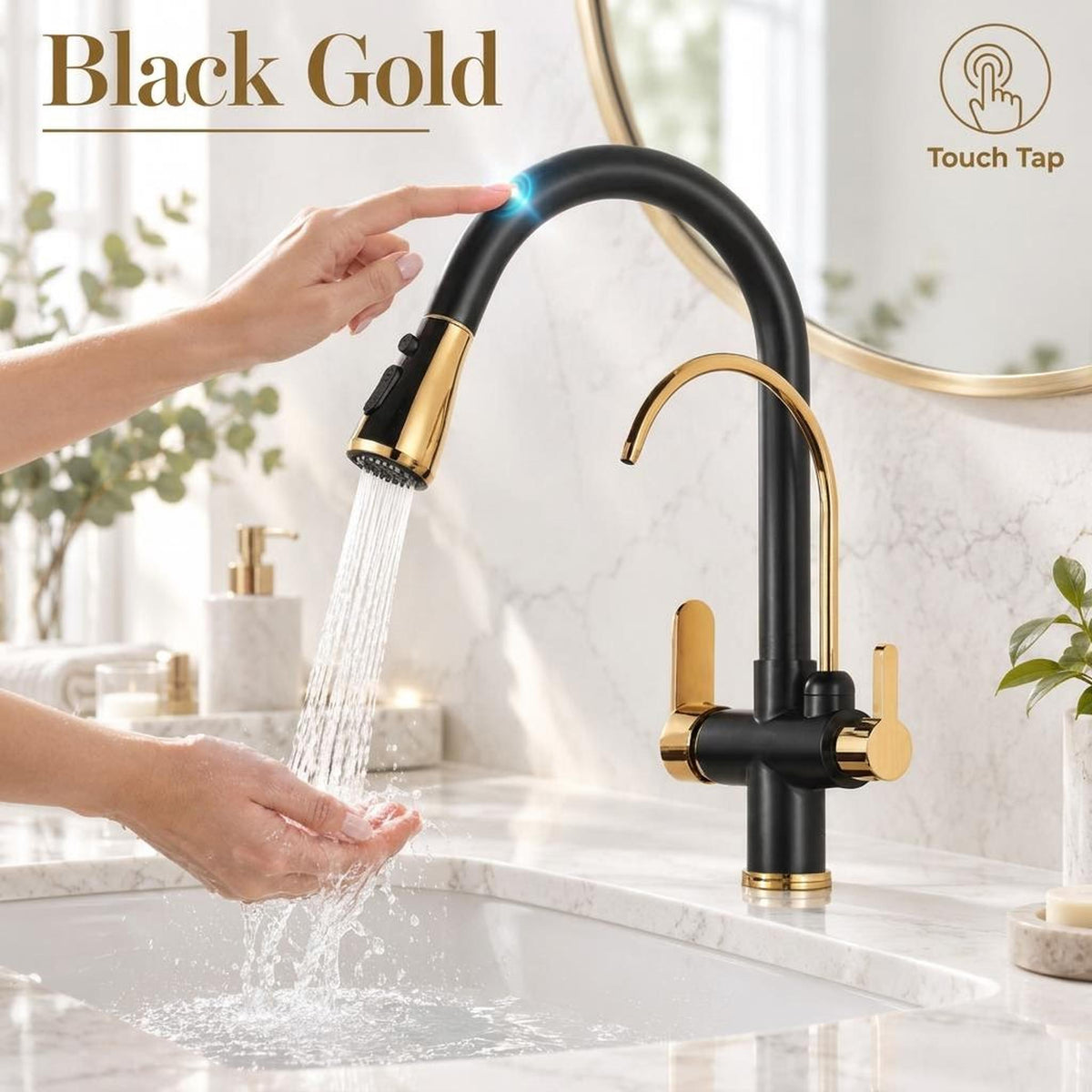 Modern black and gold touch-activated kitchen faucet with a pull-down sprayer and high-arch gooseneck spout.