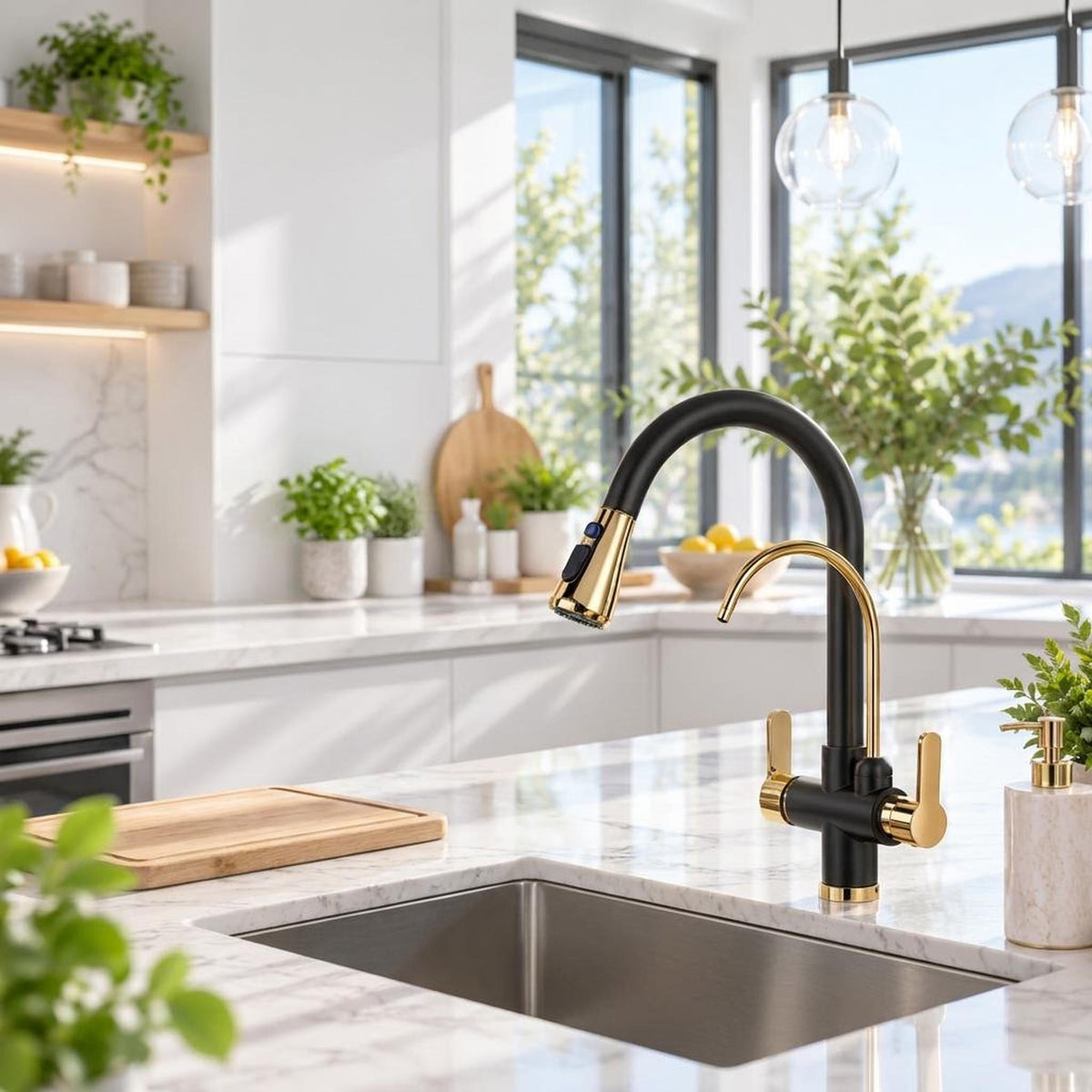 Modern matte black and gold pull-down kitchen faucet with dual spray head on a marble countertop.