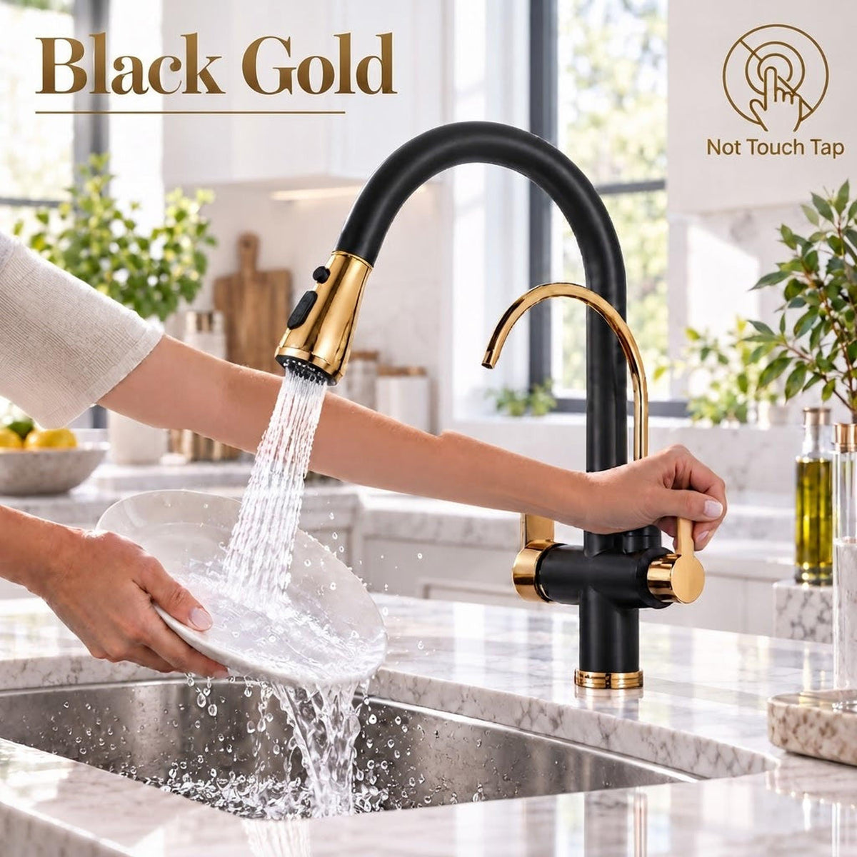 Modern black and gold pull-down kitchen faucet with a touchless sensor, washing a plate in a marble countertop sink.