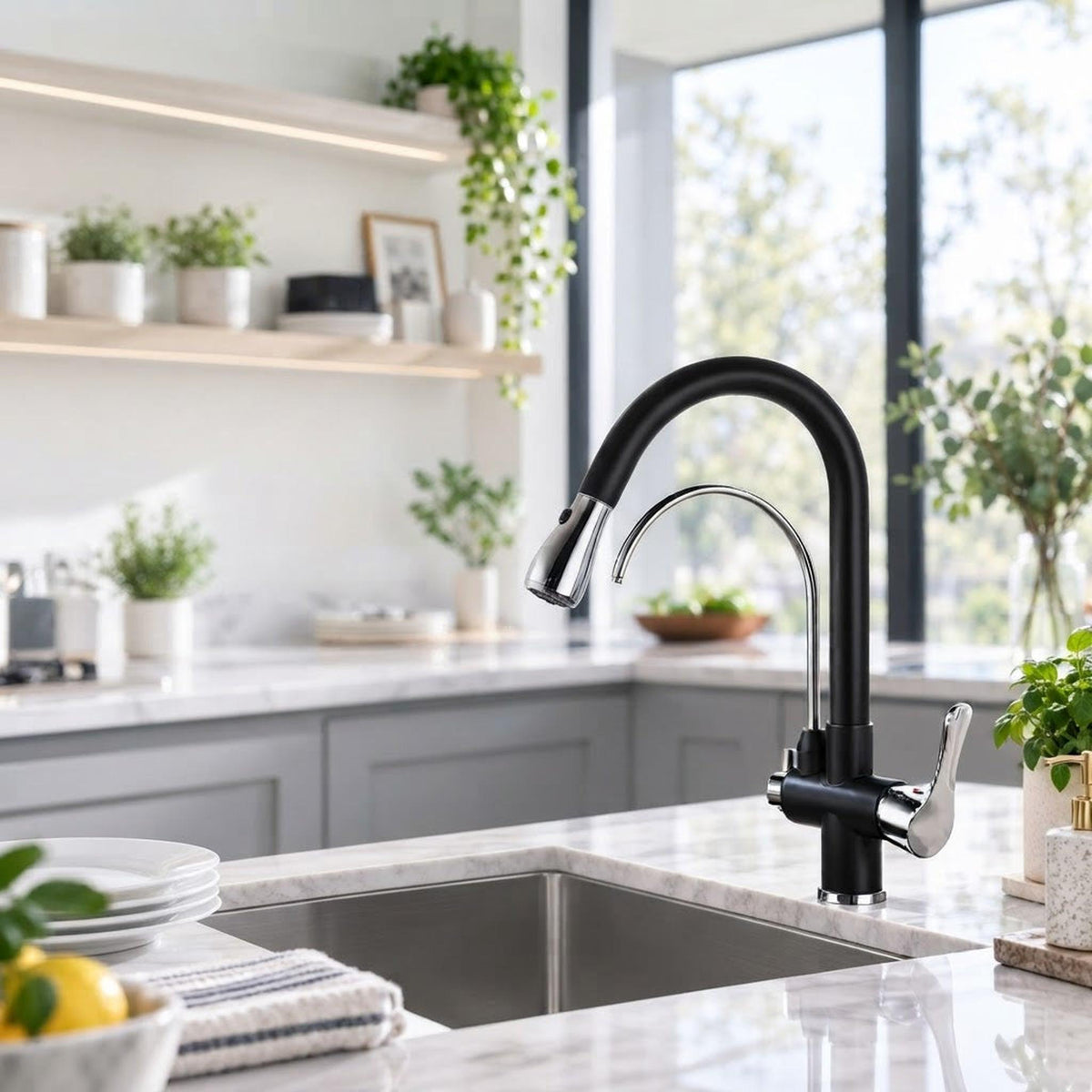 Modern black and brushed nickel pull-down kitchen faucet with a high-arch gooseneck spout on a marble countertop.