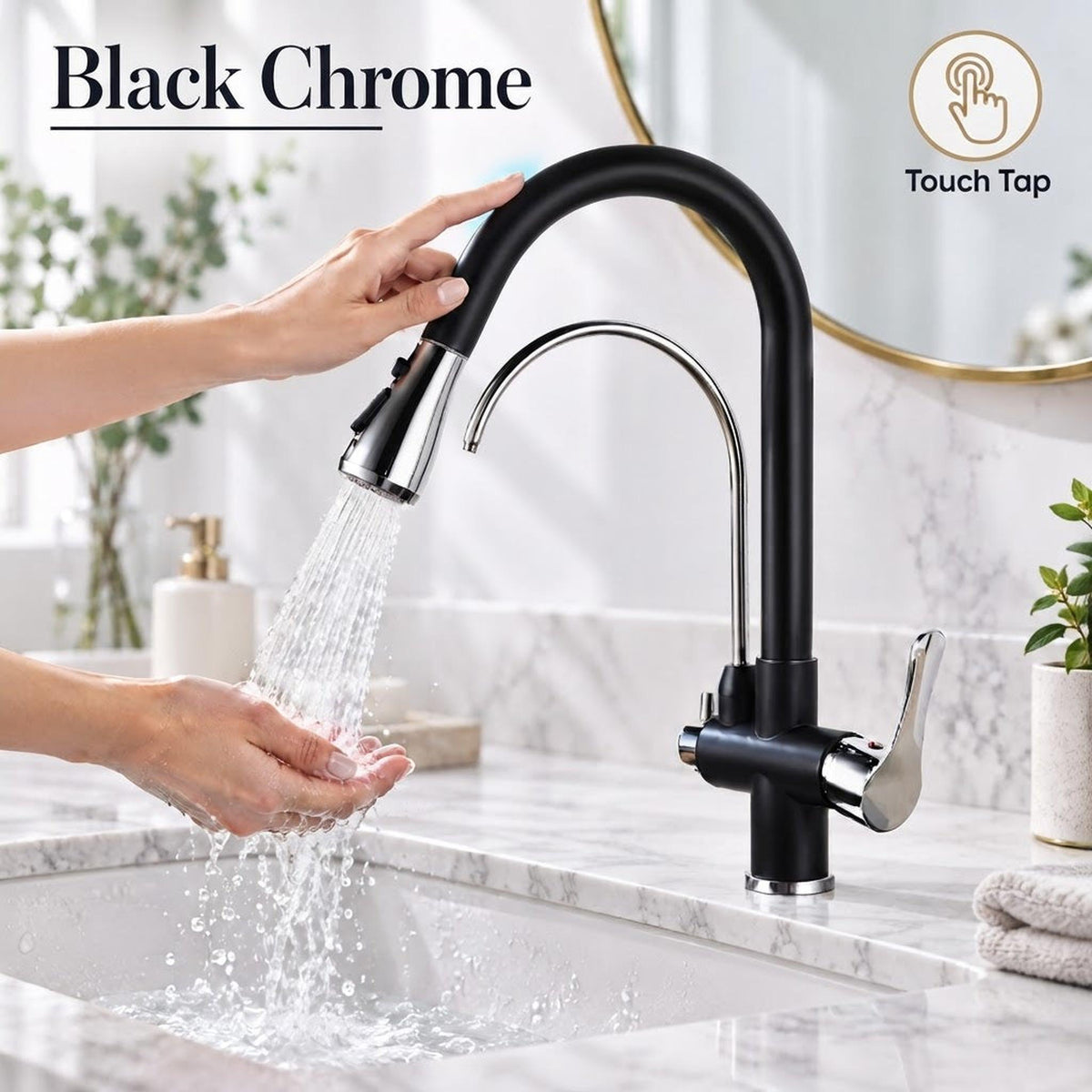 Black chrome touch-activated pull-down kitchen faucet with dual spray and secondary water spout over a marble sink.