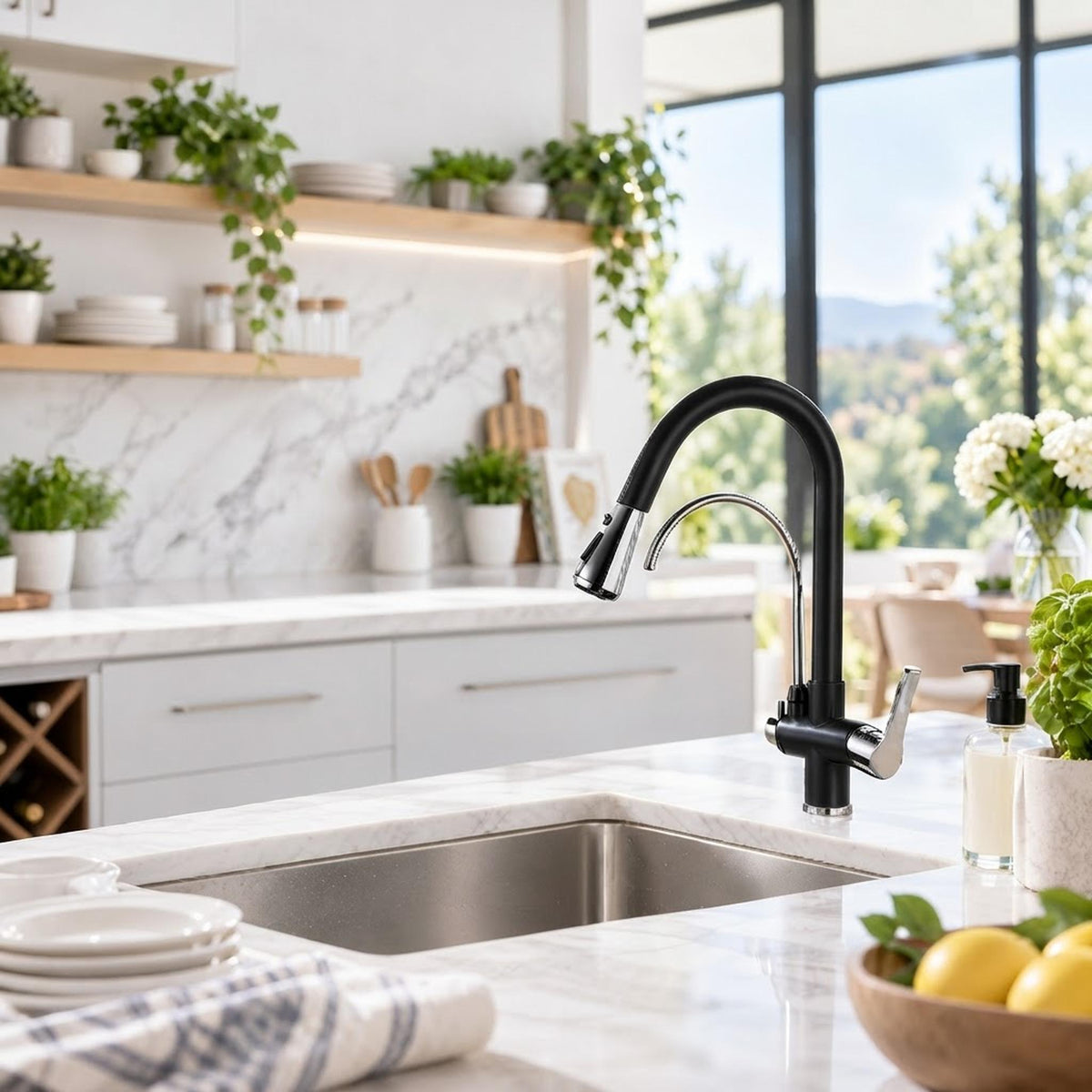 Modern black and brushed nickel pull-down kitchen faucet with high-arch gooseneck spout on a marble countertop.