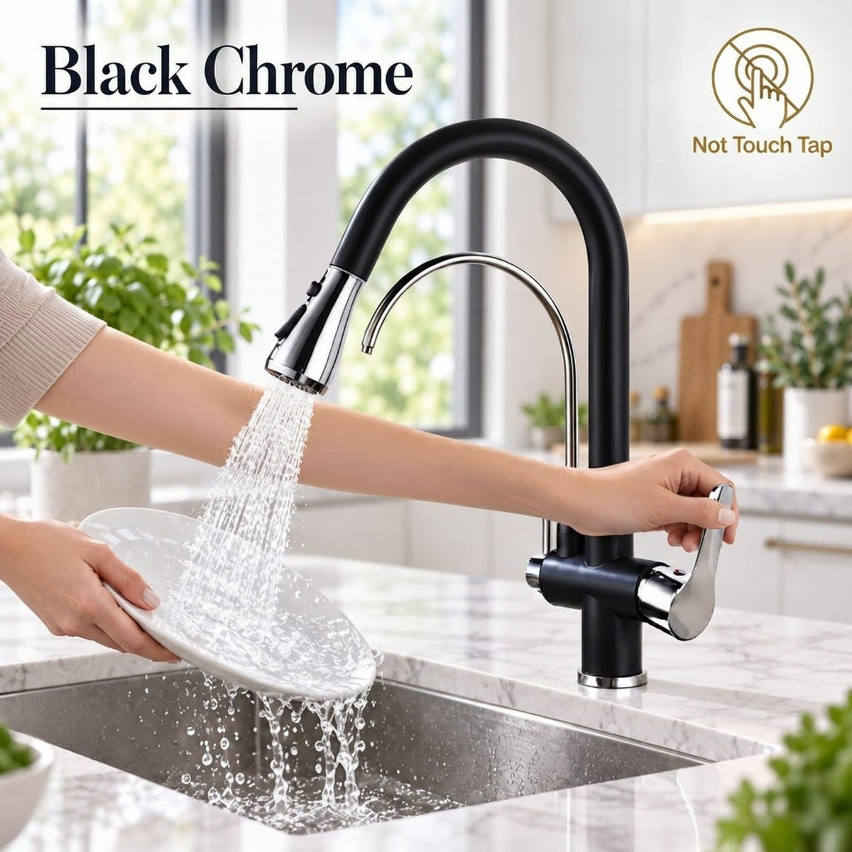 Modern black chrome pull-down kitchen faucet with a high-arch gooseneck spout and dual spray function rinsing a plate.