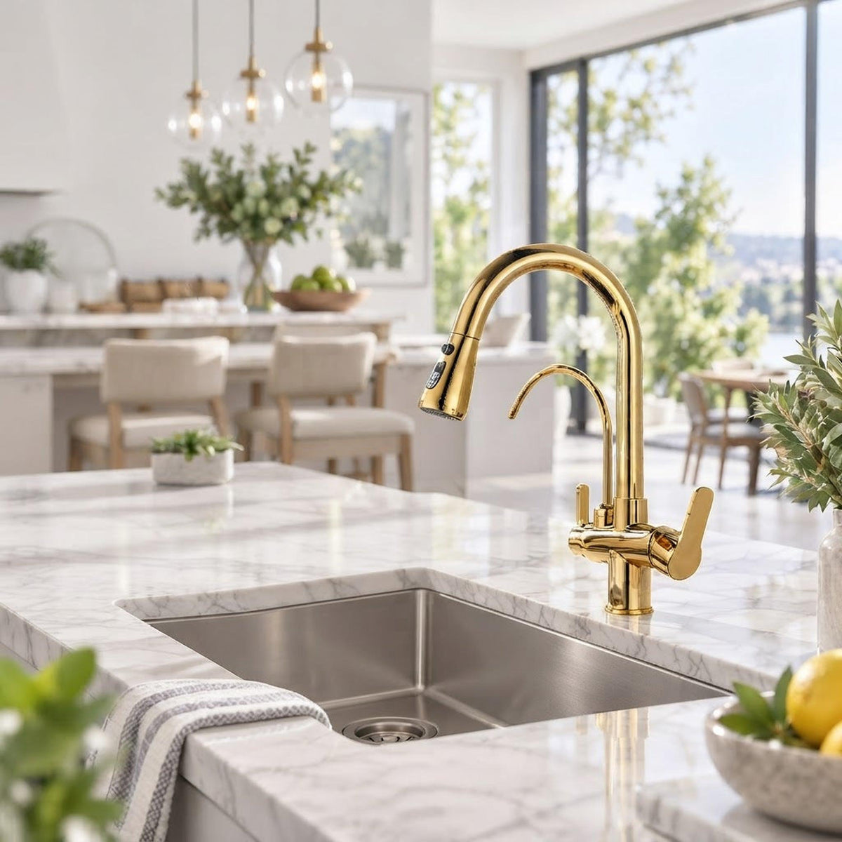 Gold pull-down kitchen faucet with dual spray and secondary RO water spout on a marble countertop.