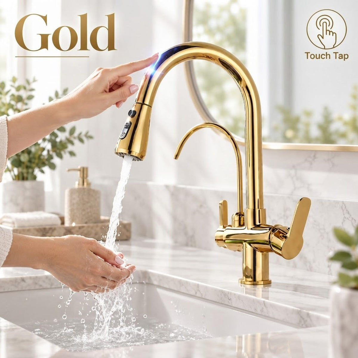 Gold touch-activated pull-down kitchen faucet with high-arch spout and dual spray function over a marble sink.