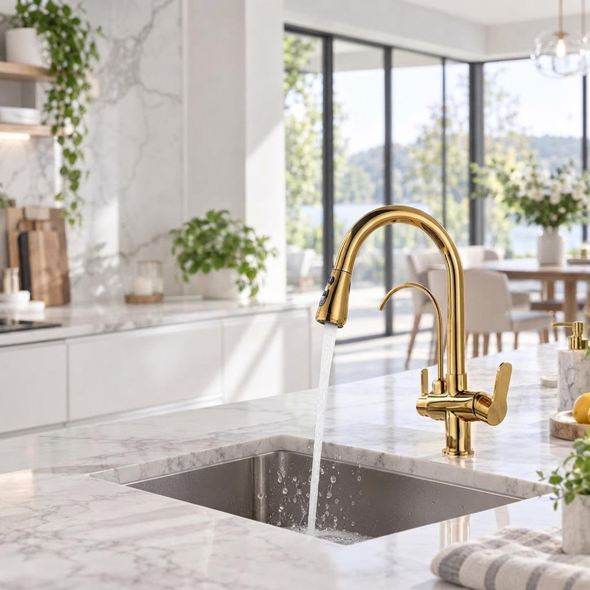 Gold pull-down kitchen faucet with high-arch spout and dual spray function on a marble countertop.