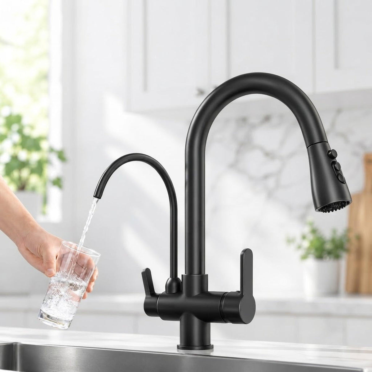 Matte black pull-down kitchen faucet with a secondary RO water spout filling a glass in a modern kitchen.