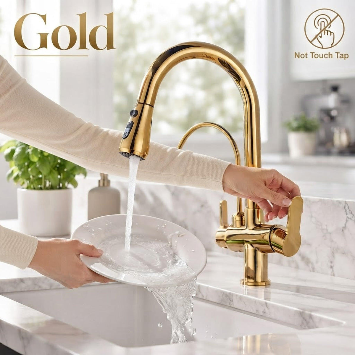 Gold pull-down kitchen faucet with touchless sensor, dual spray function, and high-arch spout washing a plate.