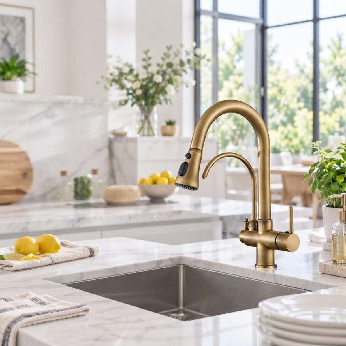 Brushed nickel pull-down kitchen faucet with dual spray and high-arch gooseneck spout on a marble countertop.