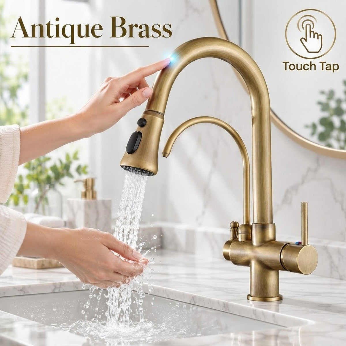 Antique brass touch-activated pull-down kitchen faucet with dual spray and high-arch spout over a marble sink.