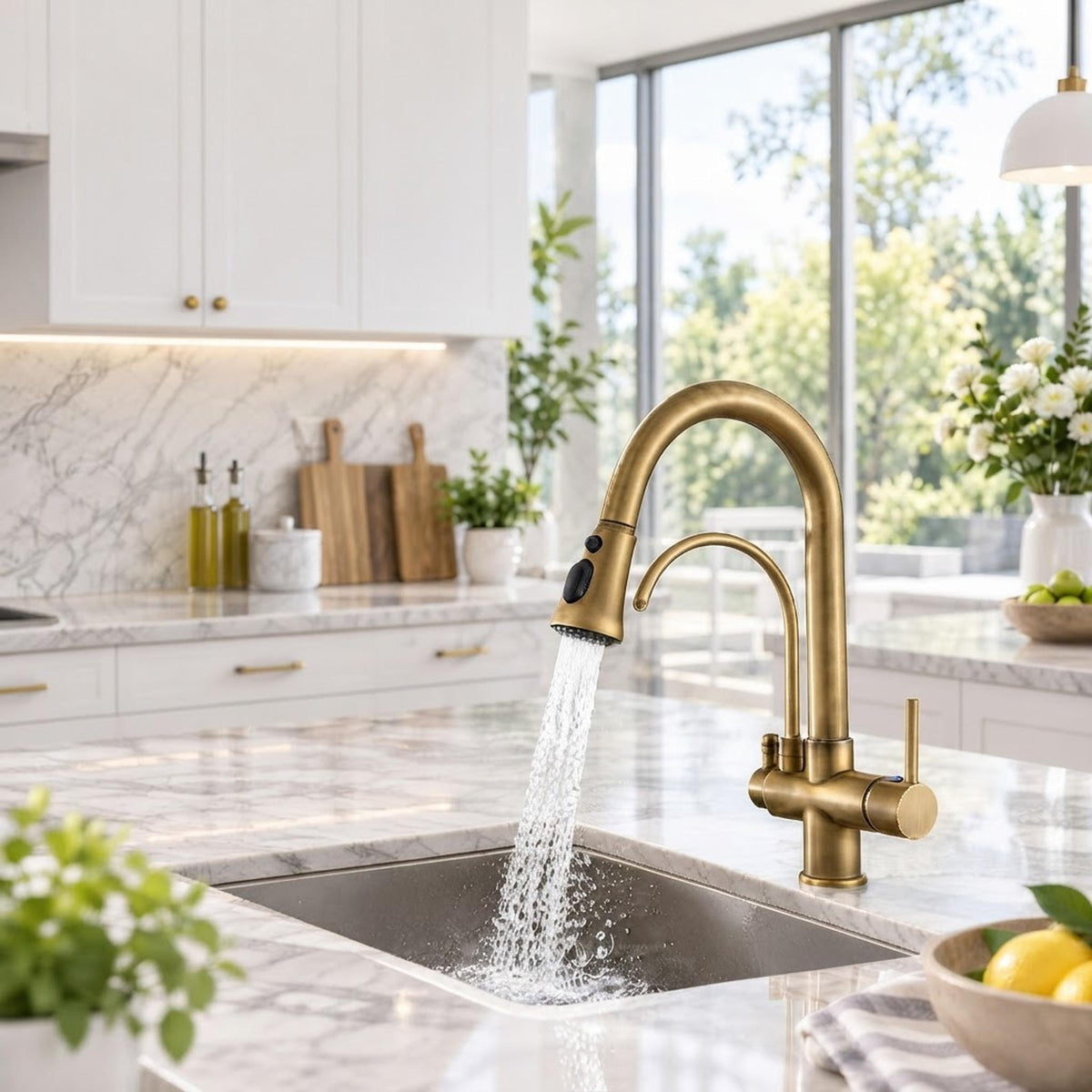 Brushed nickel pull-down kitchen faucet with high-arch spout and dual spray function in a modern marble kitchen.