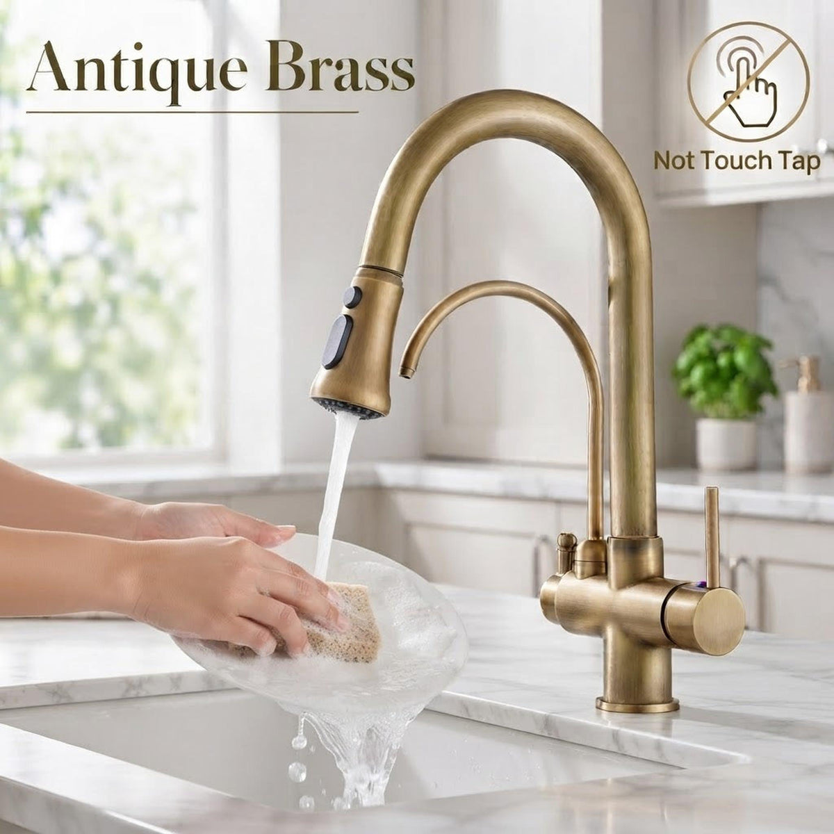 Antique brass pull-down kitchen faucet with dual spray and secondary water spout over a marble countertop.