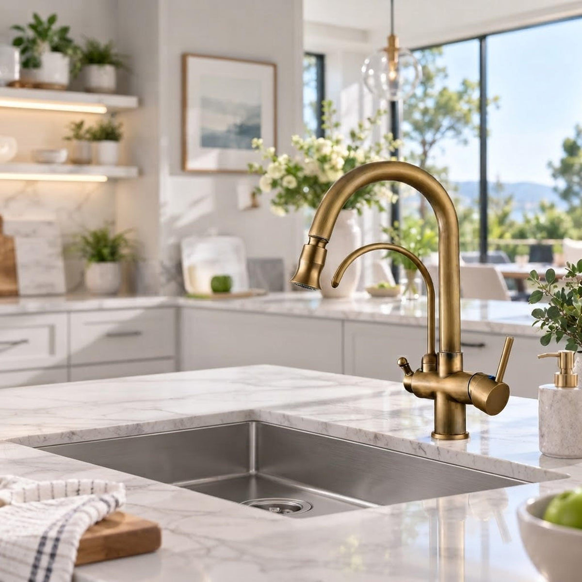 Brushed nickel pull-down kitchen faucet with a high-arch gooseneck spout on a marble countertop.