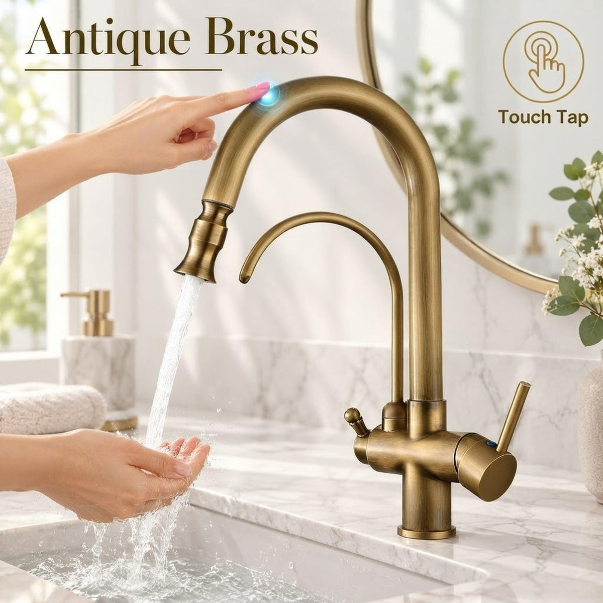 Antique brass touch-activated kitchen faucet with a high-arch pull-down sprayer and secondary water spout.