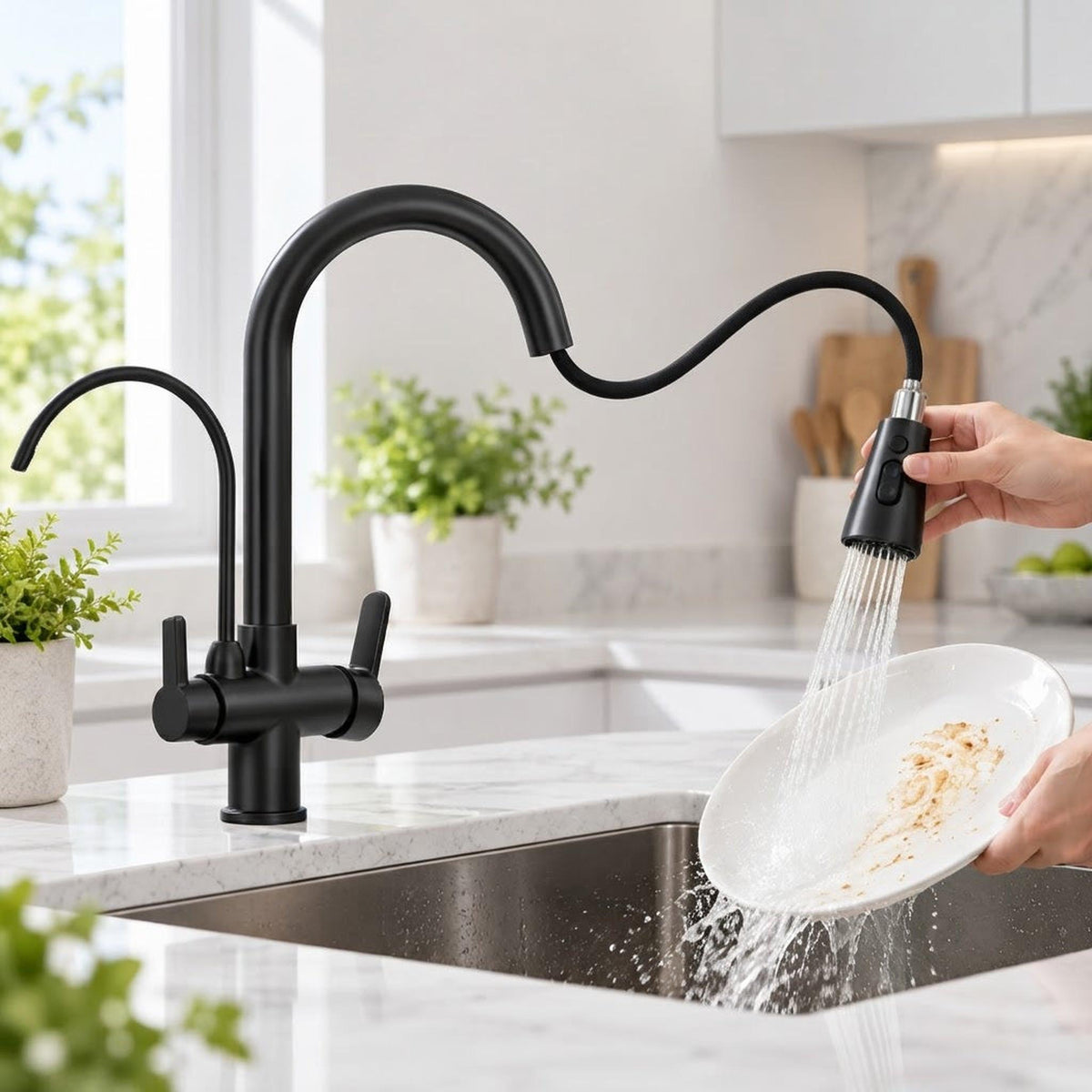 Matte black pull-down kitchen faucet with dual spray function rinsing a plate in a modern sink.