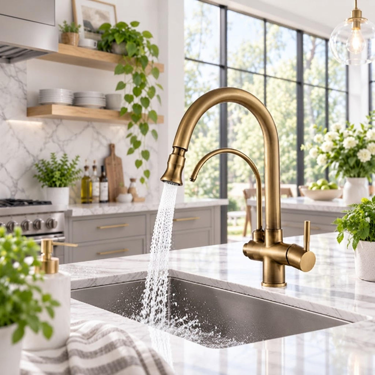 Brushed nickel pull-down kitchen faucet with high-arch gooseneck spout and dual spray function over a marble sink.