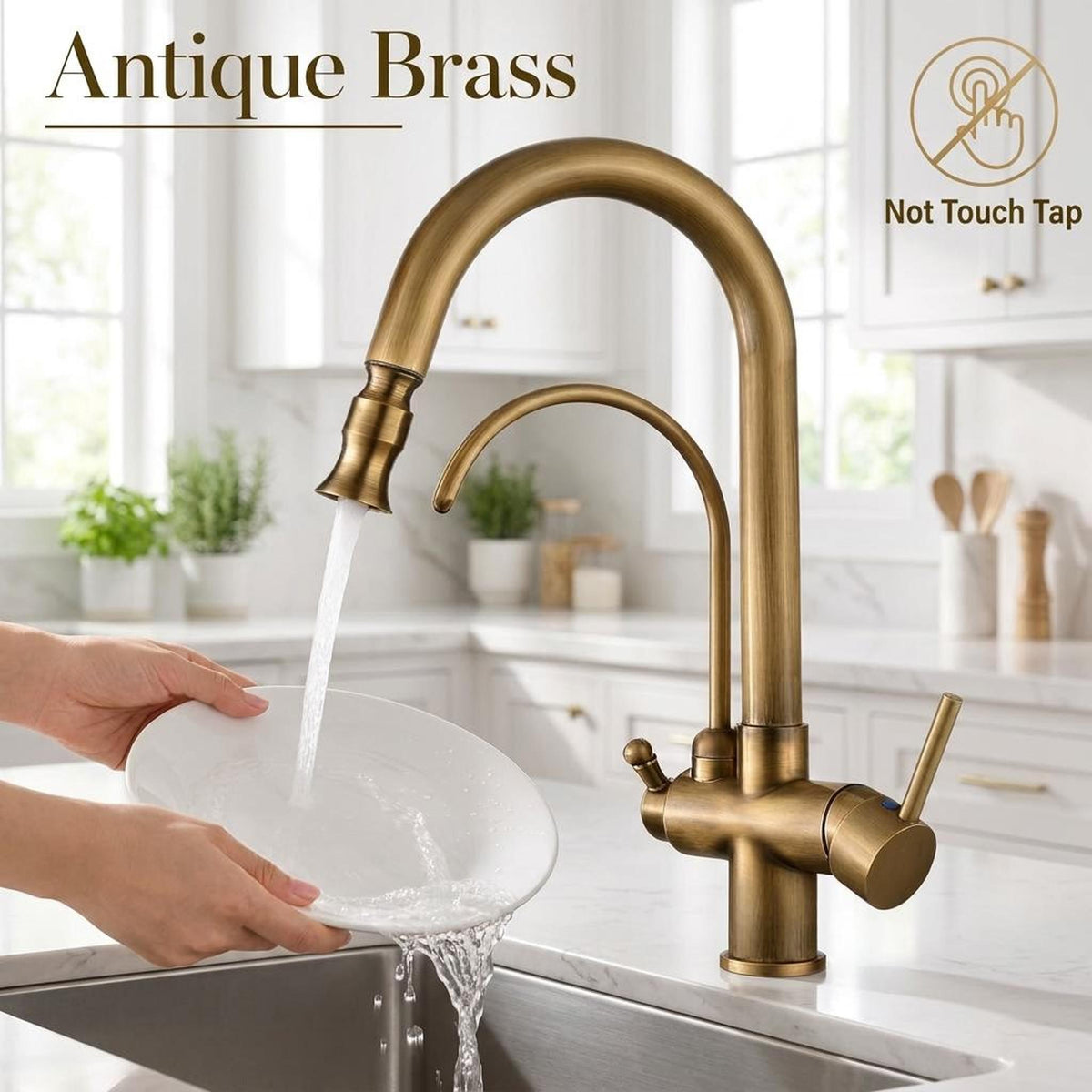 Antique brass pull-down kitchen faucet with a high-arch spout and secondary water filter tap in a modern kitchen.